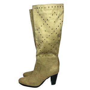 A.N.A. Tall High Heeled Studded Boots Women's Size 8 M Tan Side Zip Vegan NWOB